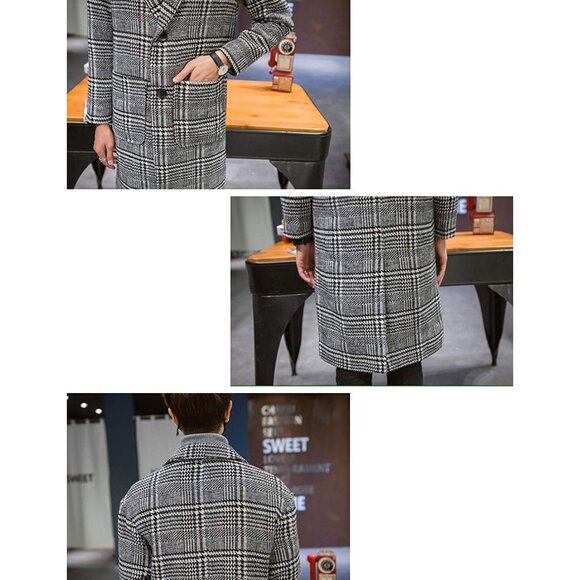 Mens Gray Winter Notched Collar Single Breasted Plaid Mid Long Trench Coat - Picture 8 of 8